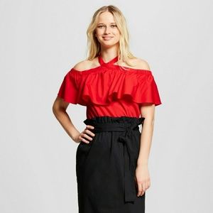 WhoWhatWear Womens Red Ruffle Halter Tank